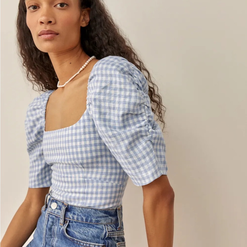 Reformation January Linen Blue Gingham Puff Sleeve Top